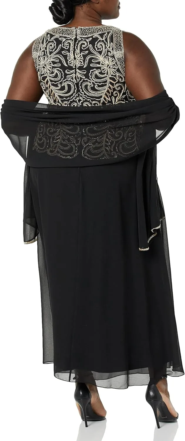 J Kara Women's Plus Size Sleeveless Scallop Long Beaded Dress with Scarf