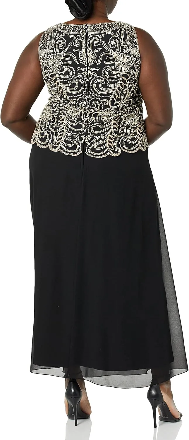 J Kara Women's Plus Size Sleeveless Scallop Long Beaded Dress with Scarf