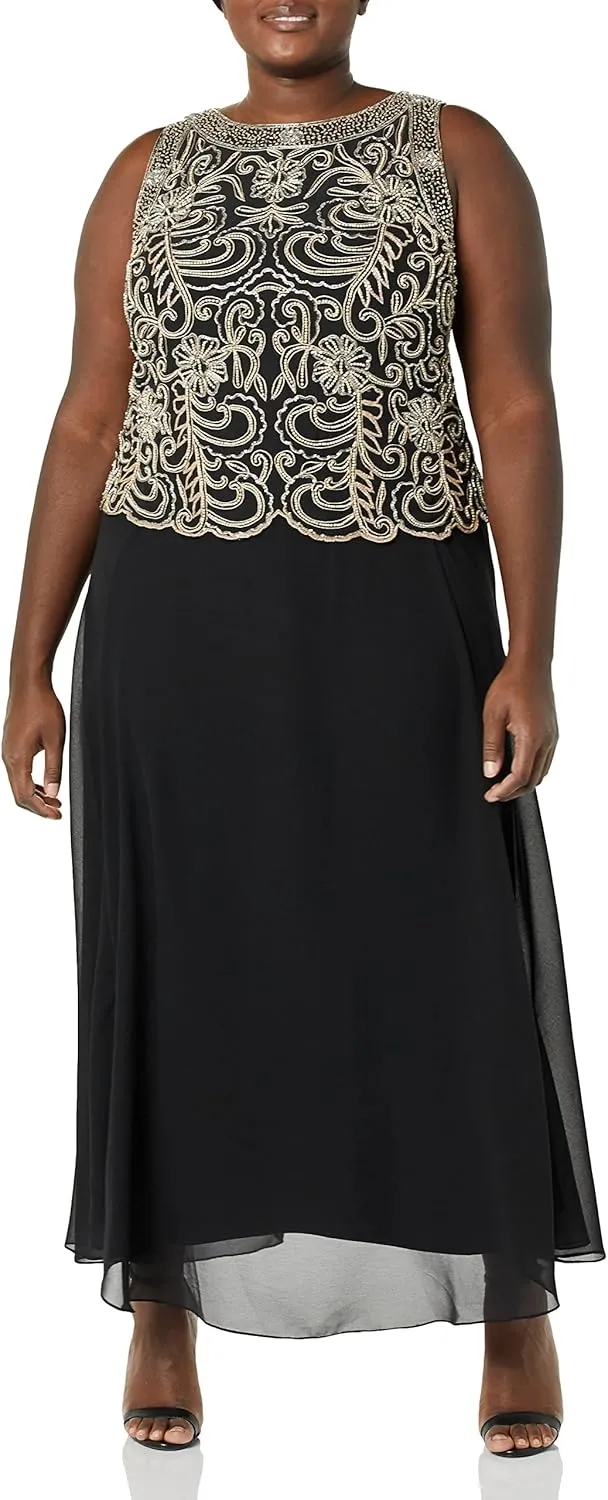 J Kara Women's Plus Size Sleeveless Scallop Long Beaded Dress with Scarf
