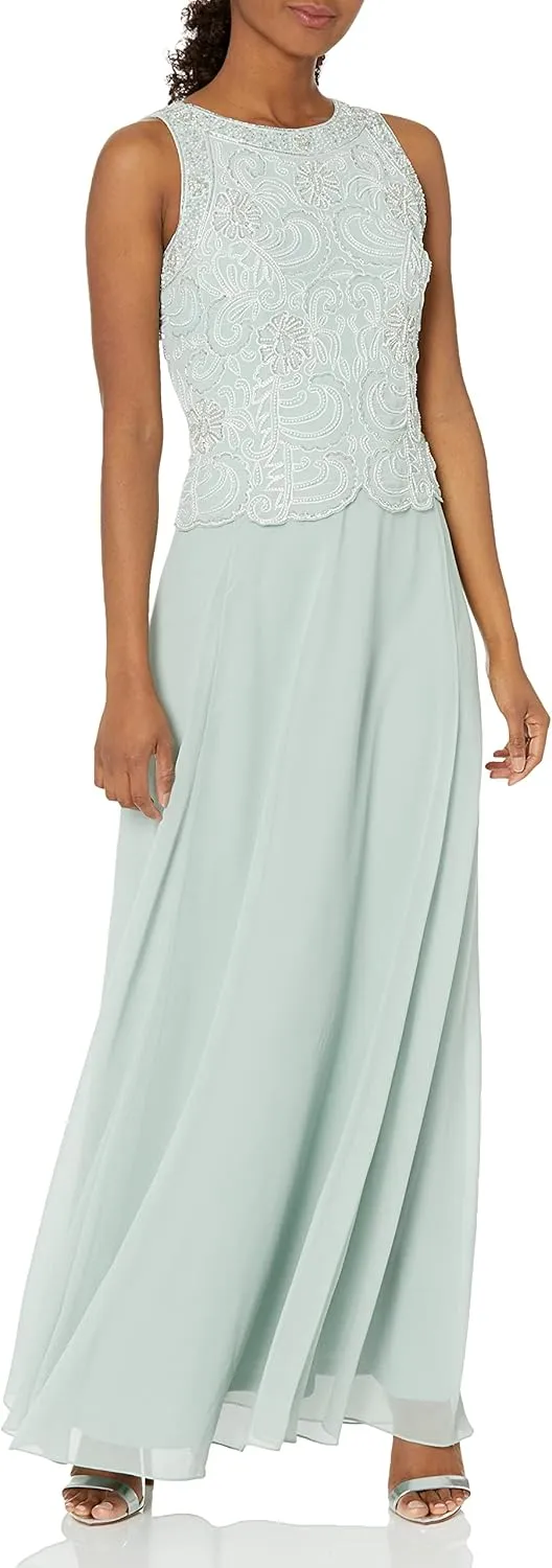 J Kara Women's Sleeveless Scallop Long Beaded Dress with Scarf