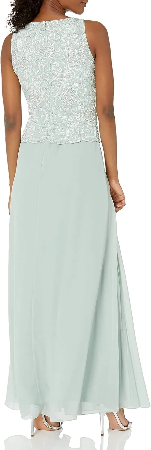 J Kara Women's Sleeveless Scallop Long Beaded Dress with Scarf