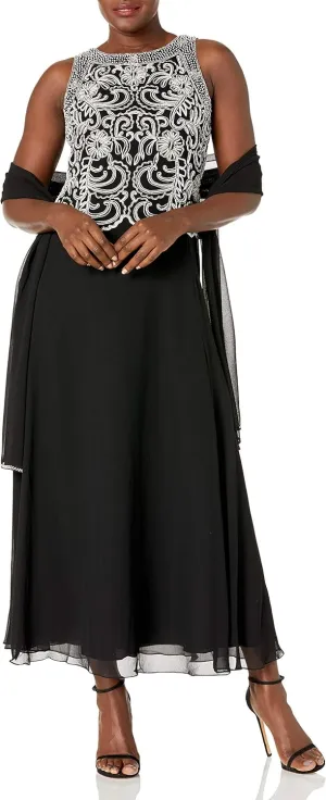J Kara Women's Sleeveless Scallop Long Beaded Dress with Scarf