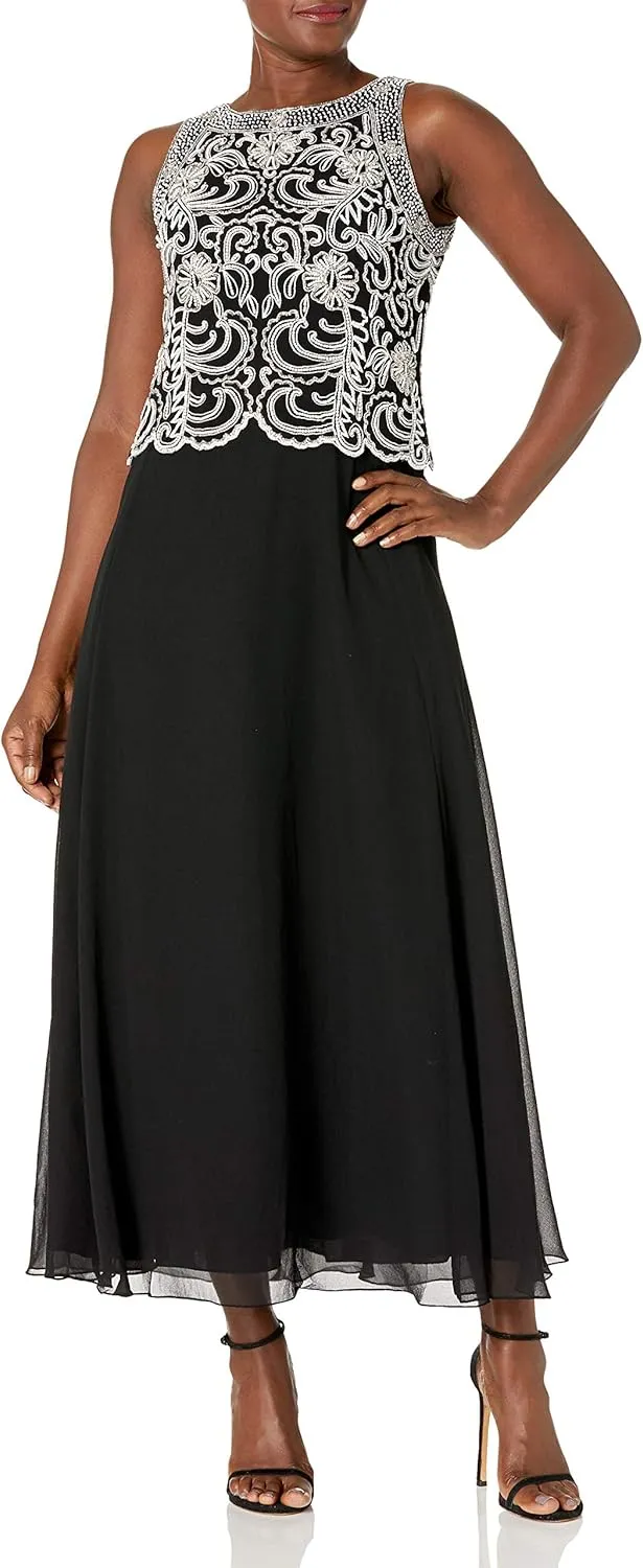 J Kara Women's Sleeveless Scallop Long Beaded Dress with Scarf