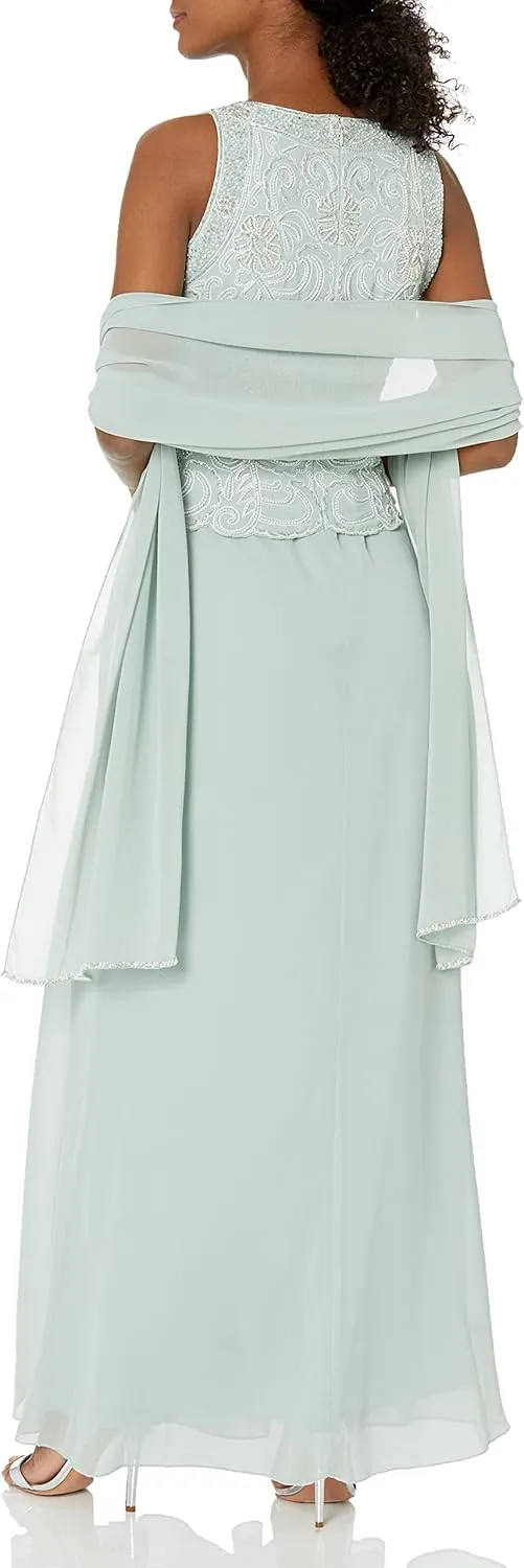 J Kara Women's Sleeveless Scallop Long Beaded Dress with Scarf
