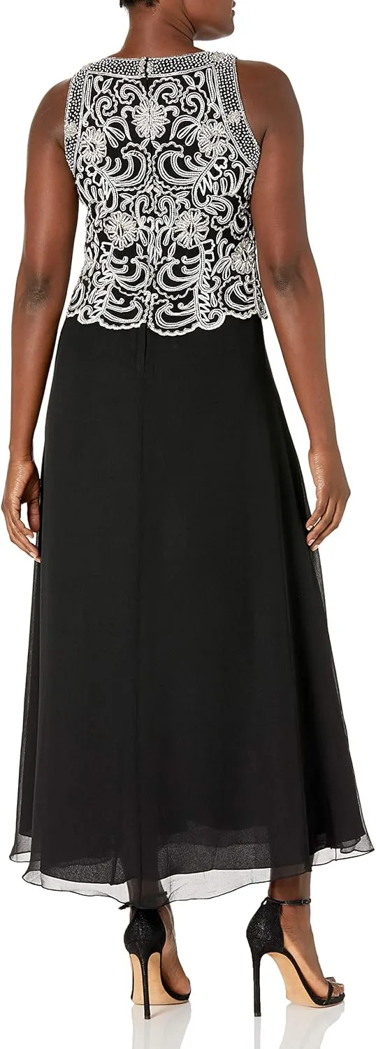 J Kara Women's Sleeveless Scallop Long Beaded Dress with Scarf