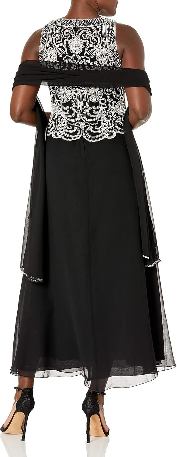 J Kara Women's Sleeveless Scallop Long Beaded Dress with Scarf