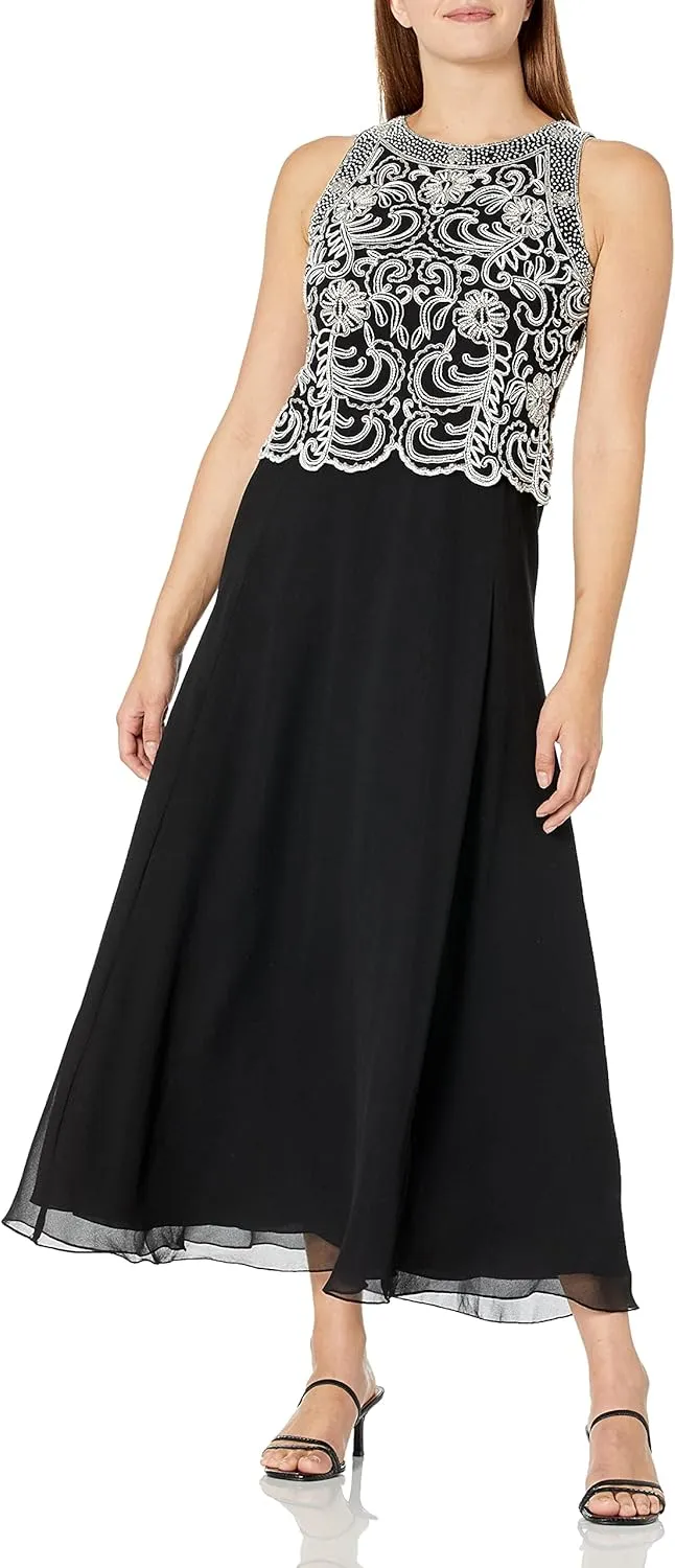 J Kara Women's Sleeveless Scallop Long Beaded Dress W/Scarf Petite