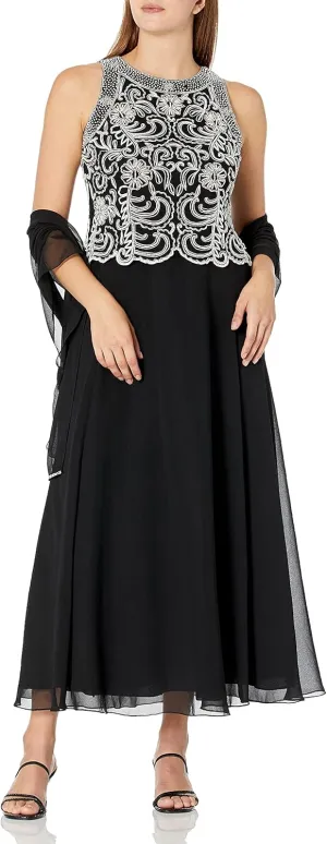 J Kara Women's Sleeveless Scallop Long Beaded Dress W/Scarf Petite