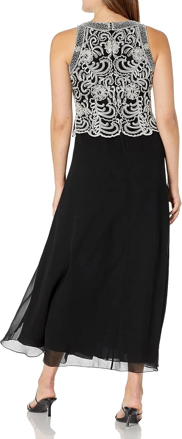 J Kara Women's Sleeveless Scallop Long Beaded Dress W/Scarf Petite