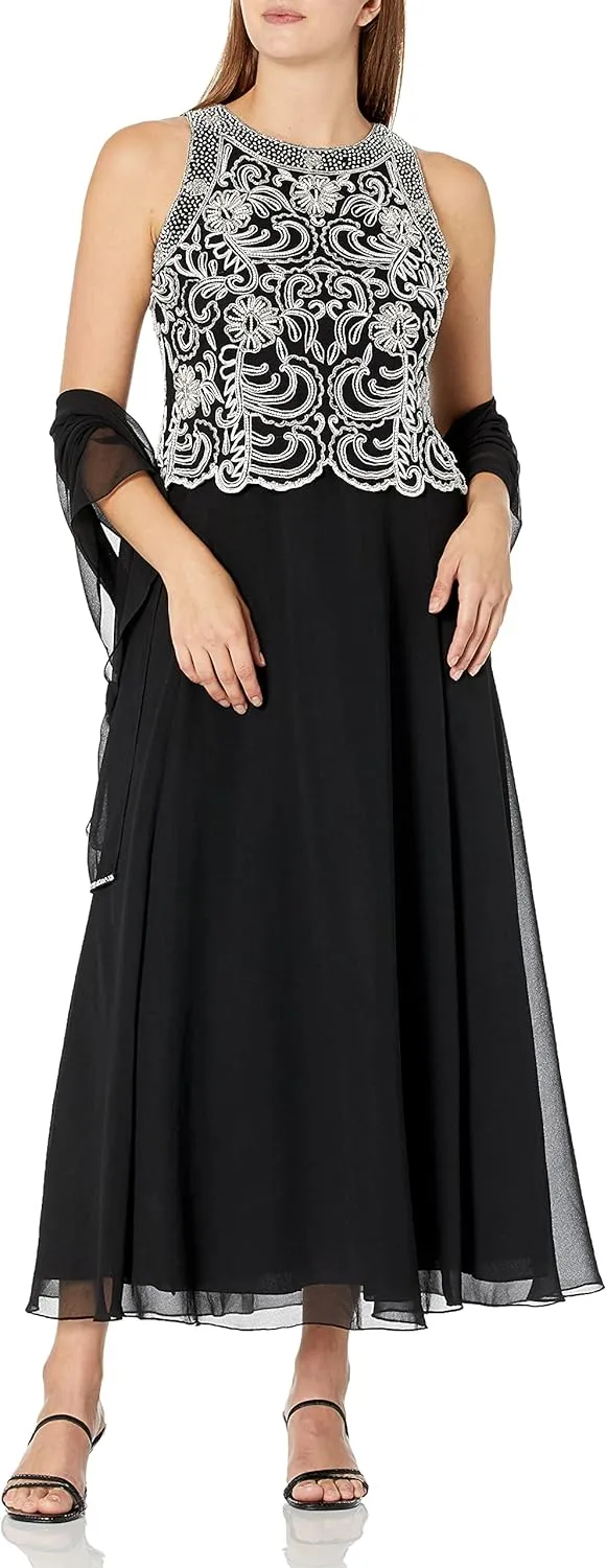 J Kara Women's Sleeveless Scallop Long Beaded Dress W/Scarf Petite