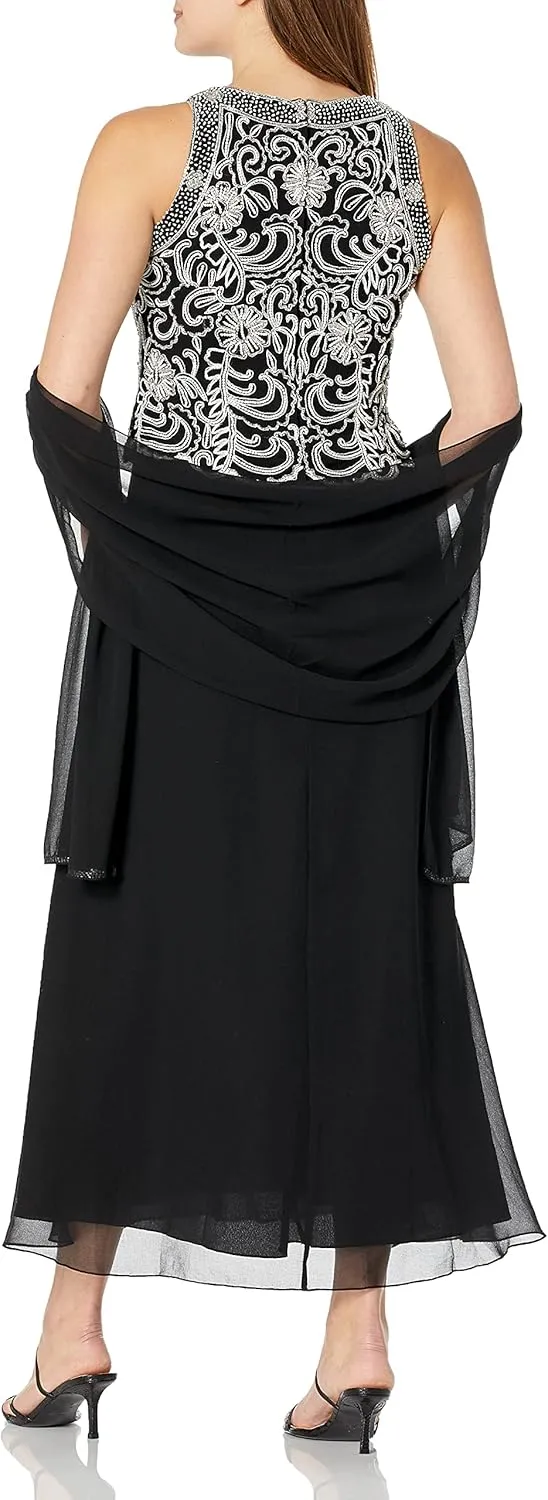 J Kara Women's Sleeveless Scallop Long Beaded Dress W/Scarf Petite