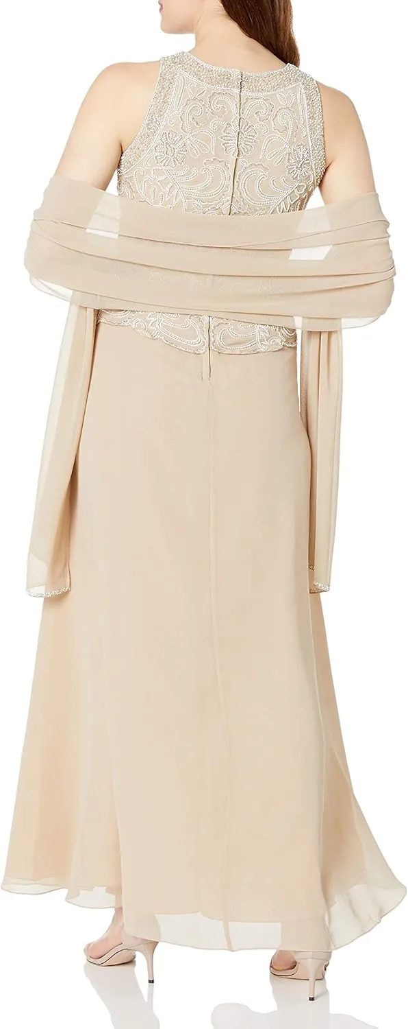 J Kara Women's Sleeveless Scallop Long Beaded Dress W/Scarf