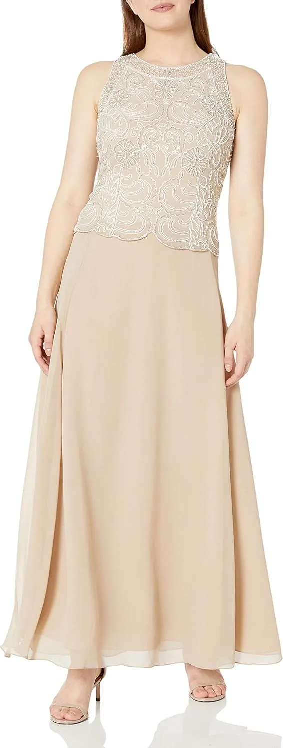 J Kara Women's Sleeveless Scallop Long Beaded Dress W/Scarf