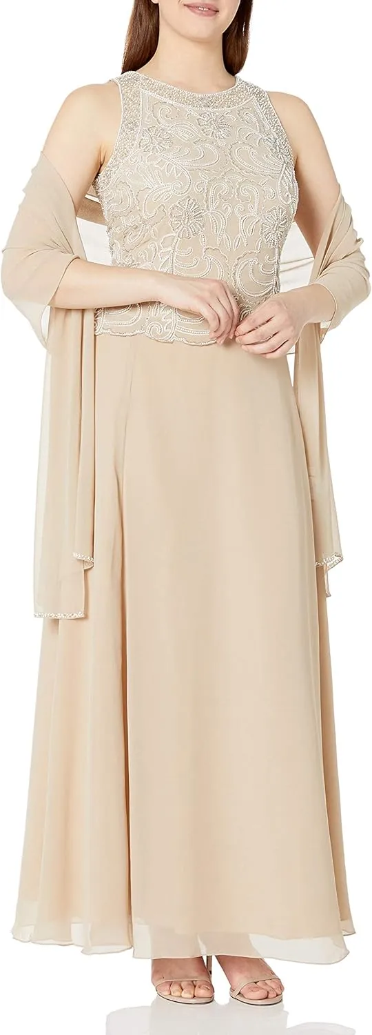 J Kara Women's Sleeveless Scallop Long Beaded Dress W/Scarf