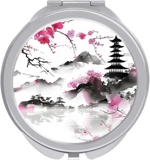 Japanese Watercolor Mount Fuji Compact Mirror Pocket Mirror Small Mirror for Purse Portable Mini Travel Makeup Mirror Folding Handheld Double-Sided Magnifying Compact Mirror for Women Gift