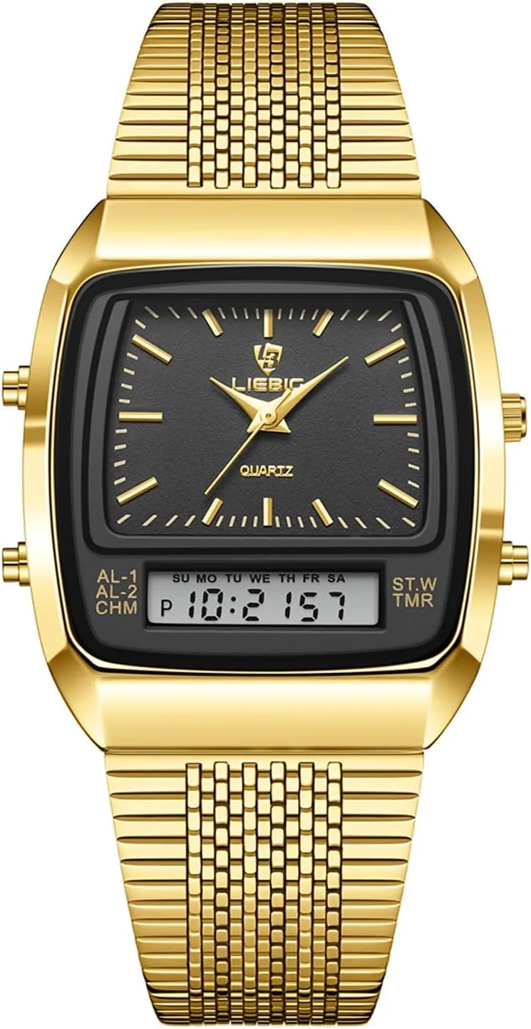 JewelryWe Square Business Wrist Watch: Men Women Dual Time Zone Analog Digital Display Multifunctional Stainless Steel 3 ATM Waterproof Alarm Stopwatch Calendar Quartz Watch