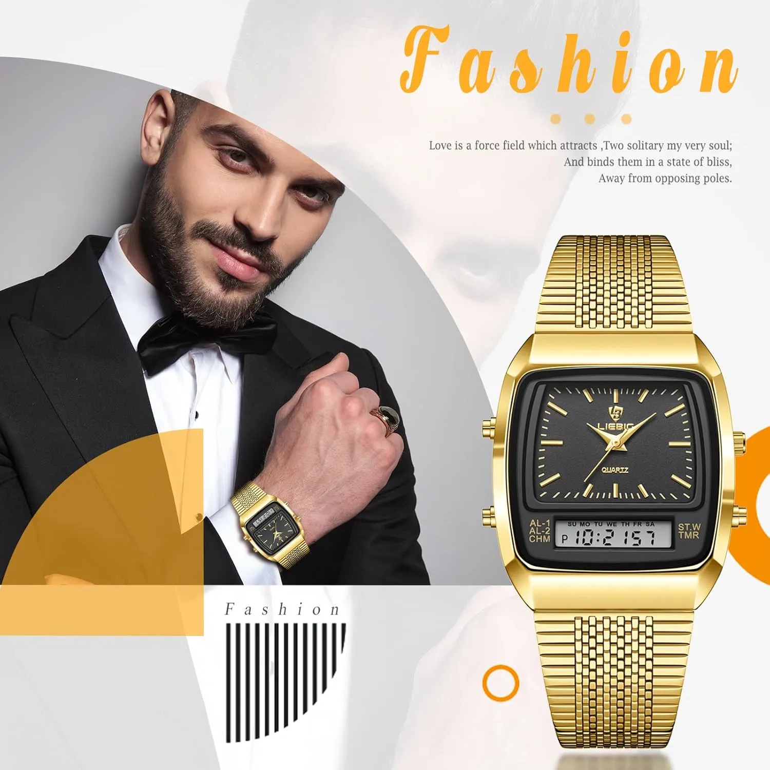 JewelryWe Square Business Wrist Watch: Men Women Dual Time Zone Analog Digital Display Multifunctional Stainless Steel 3 ATM Waterproof Alarm Stopwatch Calendar Quartz Watch