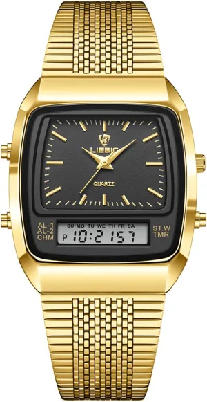 JewelryWe Square Business Wrist Watch: Men Women Dual Time Zone Analog Digital Display Multifunctional Stainless Steel 3 ATM Waterproof Alarm Stopwatch Calendar Quartz Watch