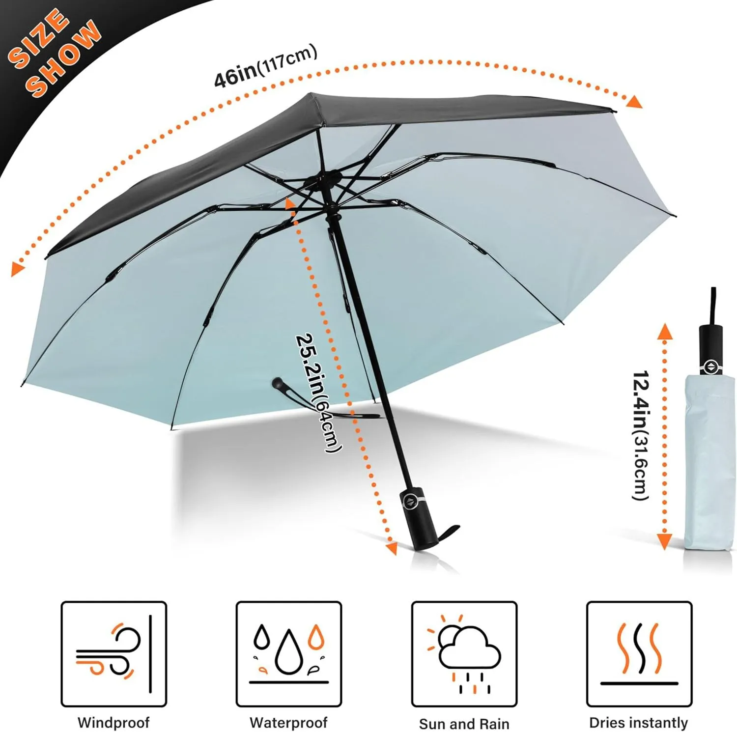 Joisal Violet Slate Blue Gradient Travel Umbrella Windproof Travel Black Uv Protection Umbrella Portable Umbrella Automatic Open and Close for Rain and Sun