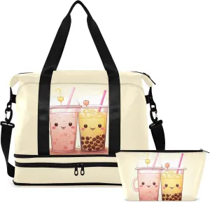 Kawaii Bubble Tea Gym Bag for Women & Men,Duffel Bag with Shoe Pocket,Weekender Overnight Bag with Trolley Sleeve for Travel 21217173
