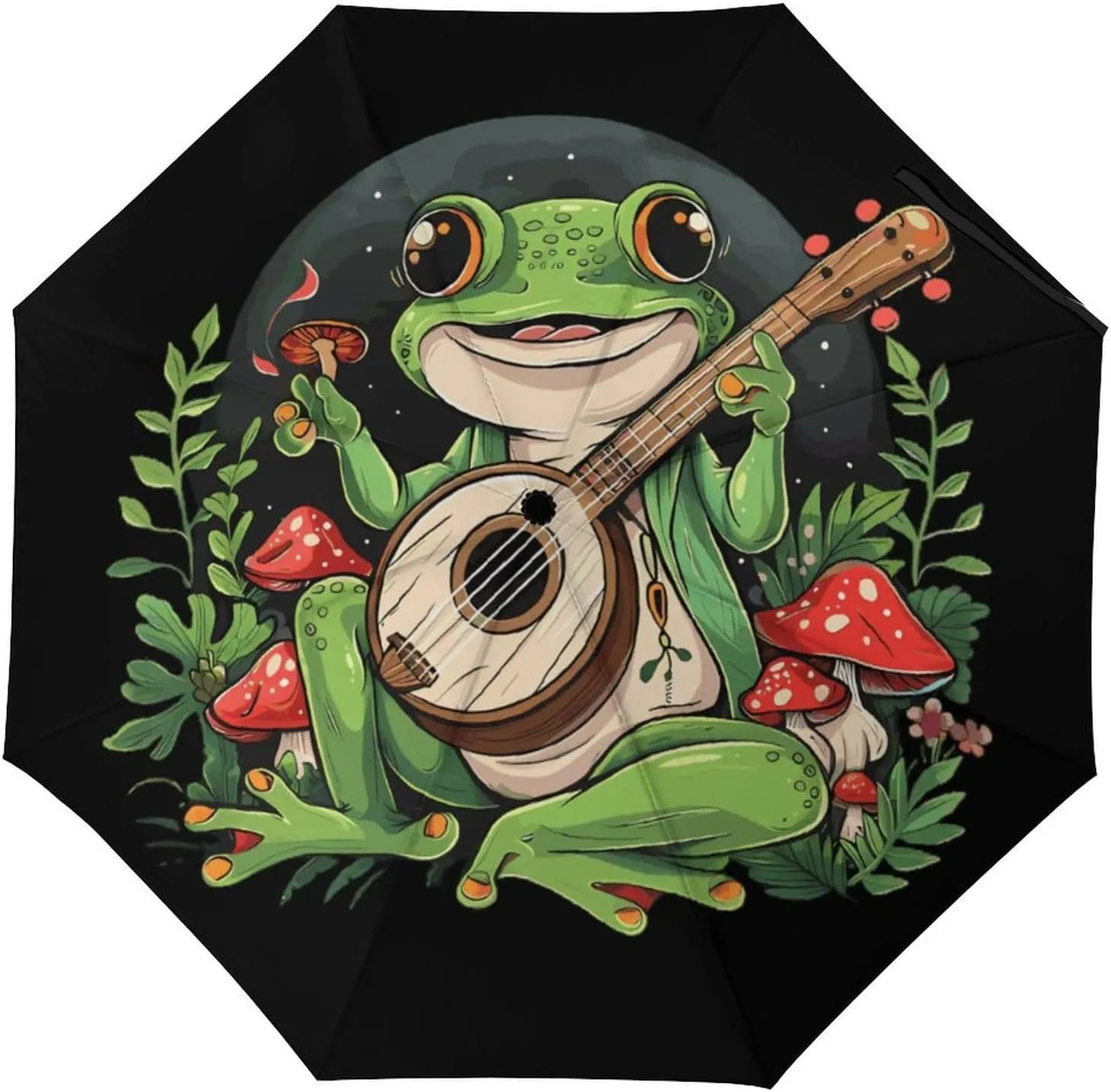 Kawaii Frog Playing Banjo Mushrooms Plate Portable Three-fold Travel Umbrella Manual/Automatic with UV Protection for Rain Sun