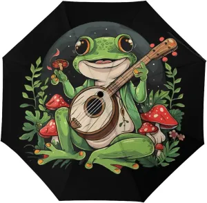 Kawaii Frog Playing Banjo Mushrooms Plate Portable Three-fold Travel Umbrella Manual/Automatic with UV Protection for Rain Sun