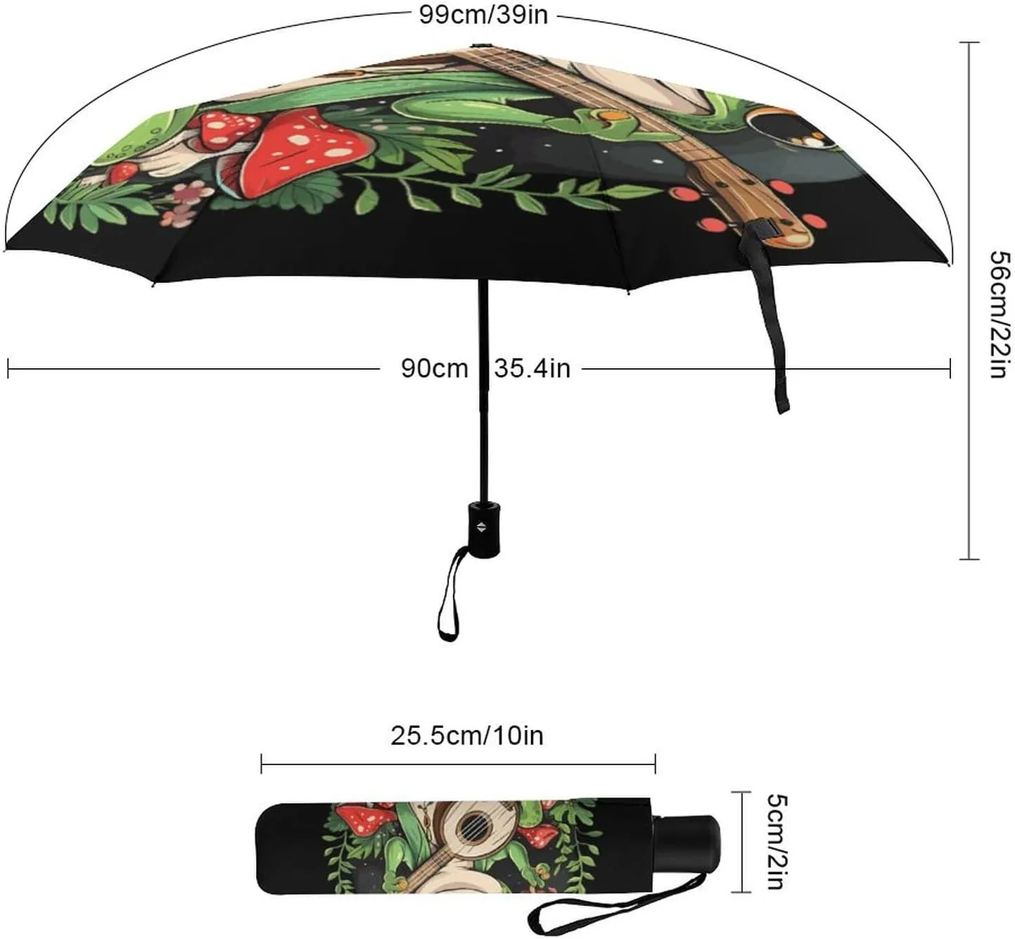 Kawaii Frog Playing Banjo Mushrooms Plate Portable Three-fold Travel Umbrella Manual/Automatic with UV Protection for Rain Sun