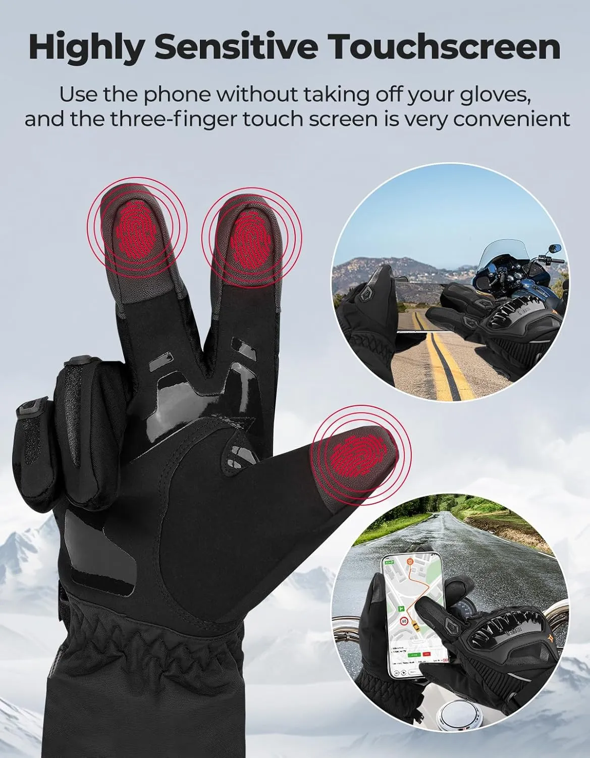 KEMIMOTO Winter Motorcycle Gloves, Rainproof Riding Gloves with Touchscreen for Riding, ATV, UTV, Snowmobile