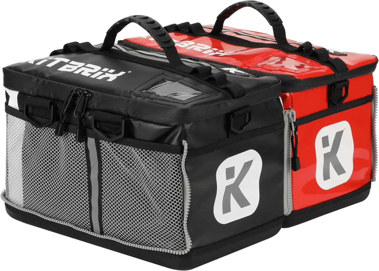 KITBRIX Bag Bundle - 2x Sports Bags that Zip Together - Solid Waterproof Base - Triathlon Transition Bags - Multi-Use Duffle Bagfor Wet & Muddy Gear - Gym Bag, Swim Bag, Soccer Bag - Black & Red