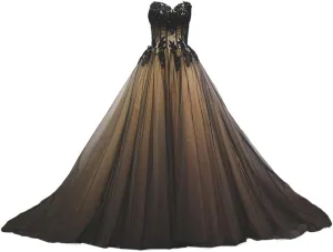 Kivary® Sweetheart Black Tulle Gold Lace Corset Ball Gown Gothic Prom Wedding Dresses