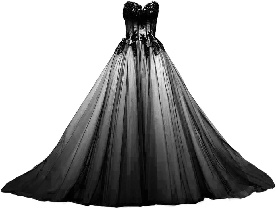 Kivary® Sweetheart Black Tulle Gold Lace Corset Ball Gown Gothic Prom Wedding Dresses