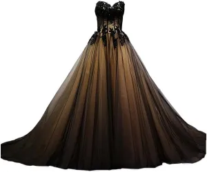Kivary® Sweetheart Black Tulle Gold Lace Corset Ball Gown Gothic Prom Wedding Dresses