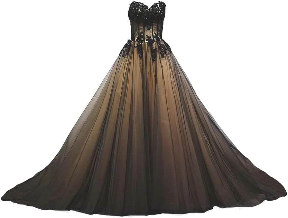 Kivary® Sweetheart Black Tulle Gold Lace Corset Ball Gown Gothic Prom Wedding Dresses