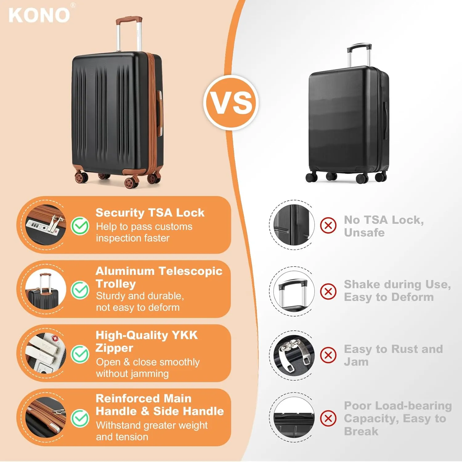 Kono 24 Inch Expandable Luggage with Quiet Spinner Wheels & TSA Lock, Scratch and Drop Resistant ABS & PC Hardside Durable Travel Checked Suitcase(Black & Brown)