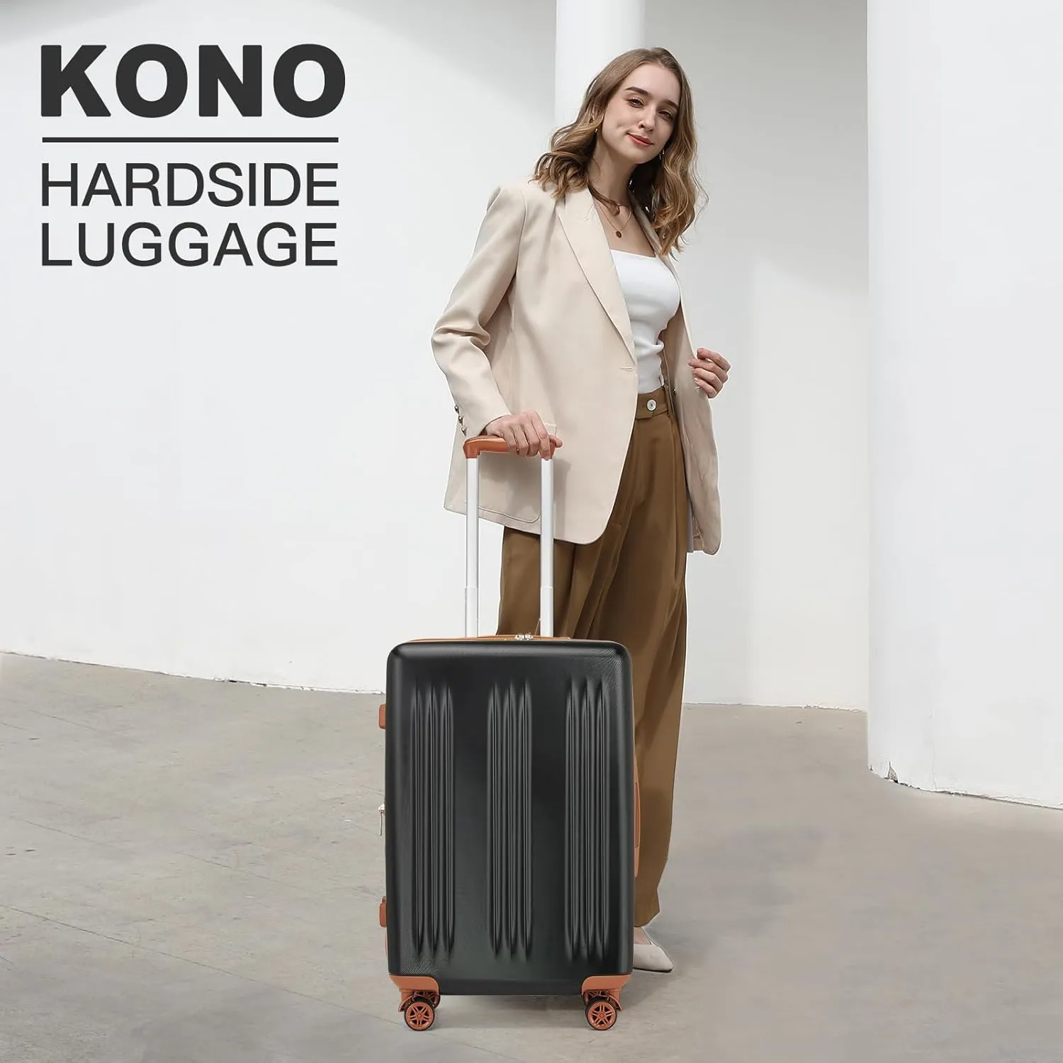 Kono 24 Inch Expandable Luggage with Quiet Spinner Wheels & TSA Lock, Scratch and Drop Resistant ABS & PC Hardside Durable Travel Checked Suitcase(Black & Brown)