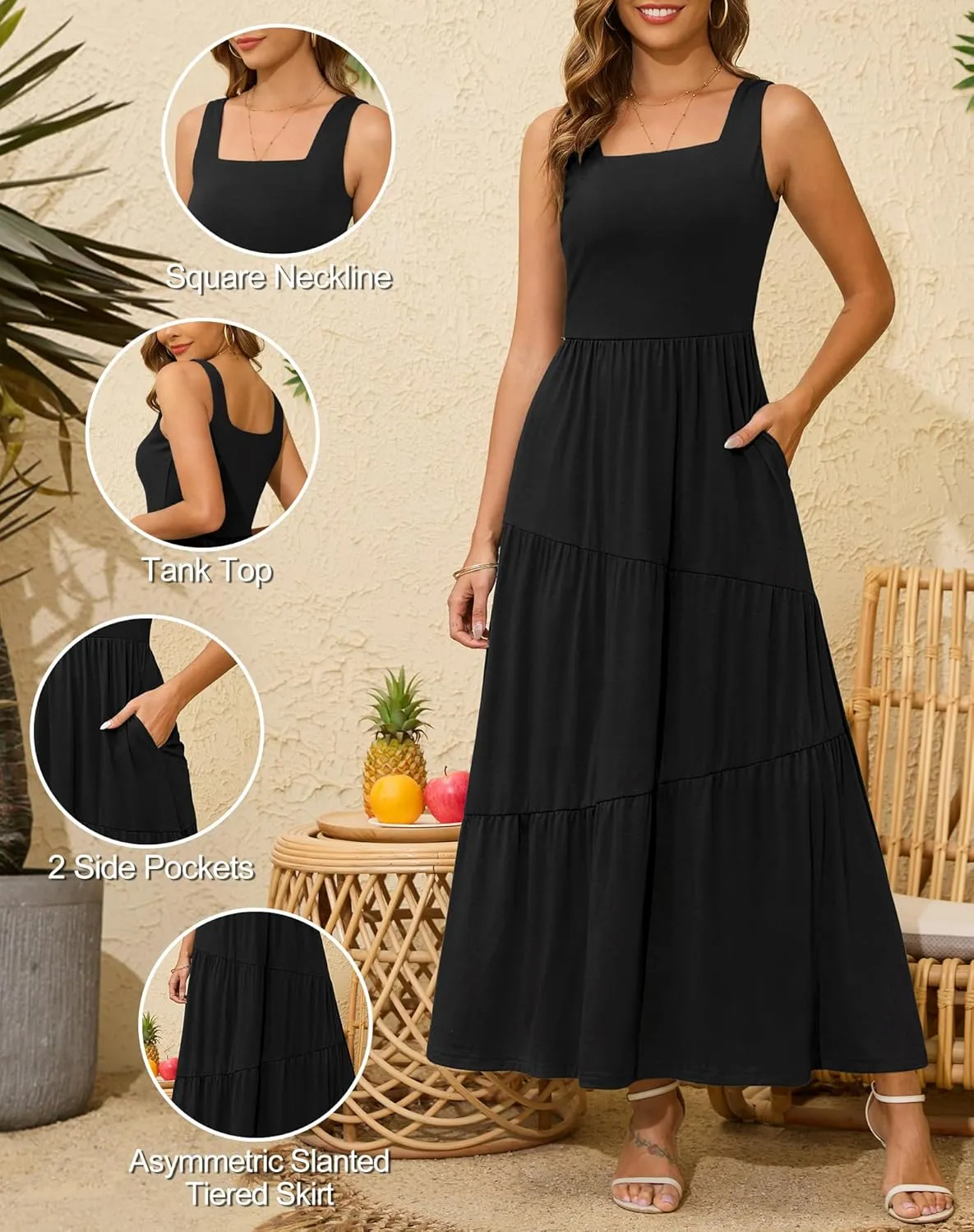 Kranda 2025 Summer Sleeveless Long Beach Sundress Square Neck Tank Top Tiered Maxi Dress with Pockets