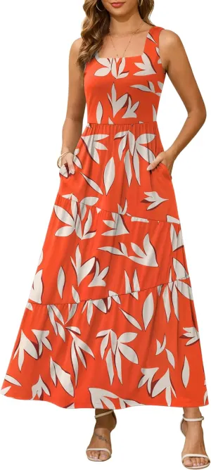 Kranda 2025 Summer Sleeveless Long Beach Sundress Square Neck Tank Top Tiered Maxi Dress with Pockets
