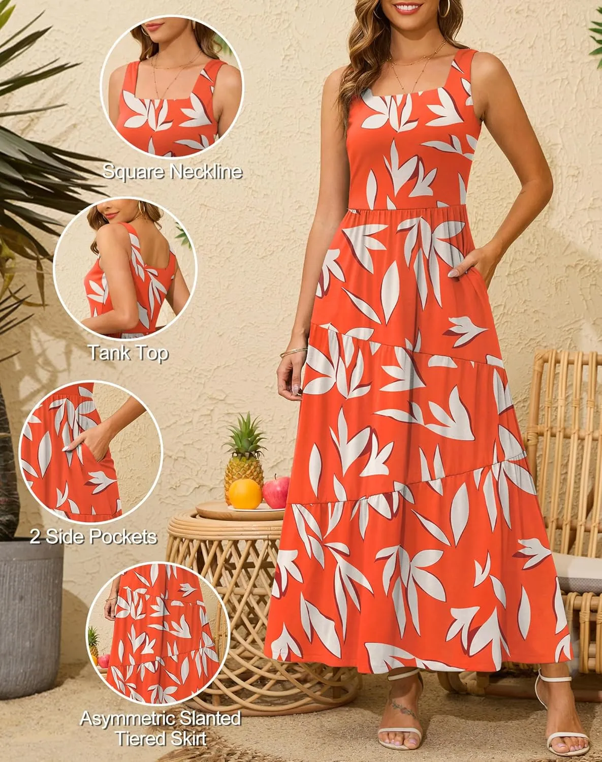 Kranda 2025 Summer Sleeveless Long Beach Sundress Square Neck Tank Top Tiered Maxi Dress with Pockets