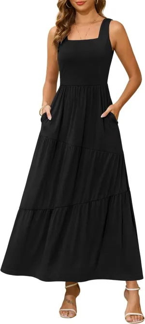 Kranda 2025 Summer Sleeveless Long Beach Sundress Square Neck Tank Top Tiered Maxi Dress with Pockets