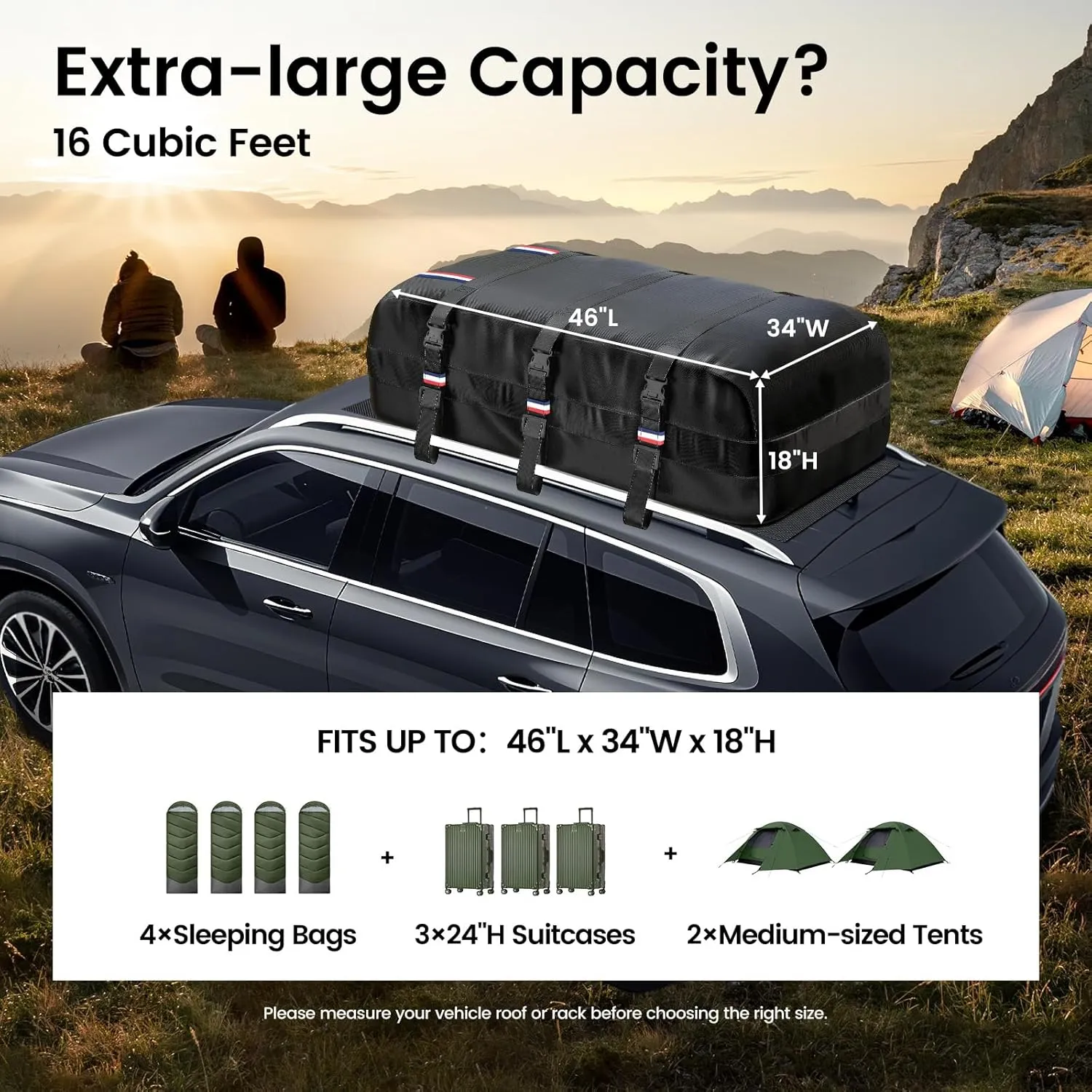 Kylinlucky Roof Cargo Bag 16 Cubic Feet – IPX6 Waterproof, 1200D Triple-Layer Armor, Universal Fit for Cars & SUVs (No Rack Needed), with 6 Hooks, Anti-Slip Mat & Storage Bag