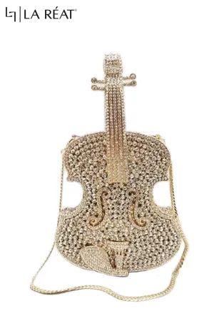 LA Reat Guitar Shape Crystal Evening Bag Rhinestone Clutches Bags Luxury Design Gold Purse Wedding Bridal Handbags Party