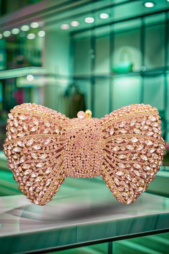 LA Reat's Bow Shape Crystal Evening Bag - Rhinestone Clutch Purse