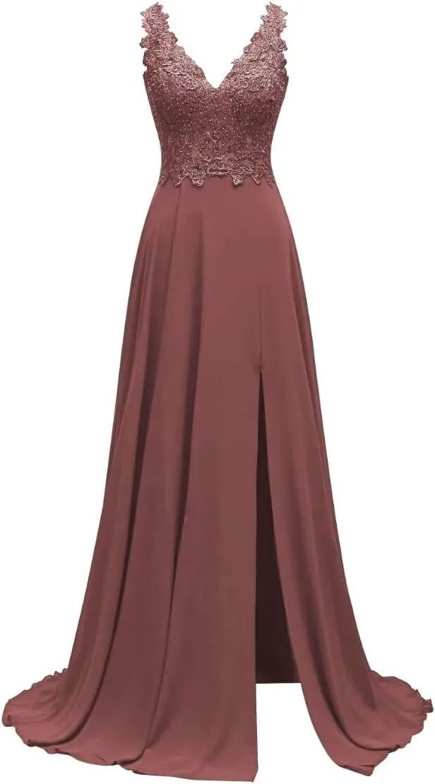 Lace Appliques Chiffon Bridesmaid Dresses 2025 Long Beaded Prom Dress A Line Formal Party Evening Gowns with Slit for Women