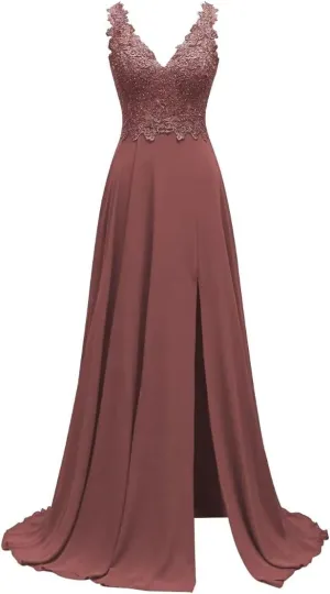 Lace Appliques Chiffon Bridesmaid Dresses 2025 Long Beaded Prom Dress A Line Formal Party Evening Gowns with Slit for Women