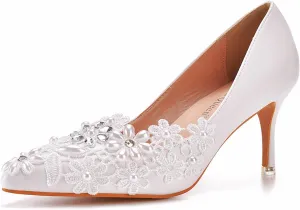 Lace Wedding Shoes Rhinestones Bridal Shoes Women Pointed Toe High Heel Pearl Pumps Satin Wedding Bridal Evening Party Dress Shoes7cm