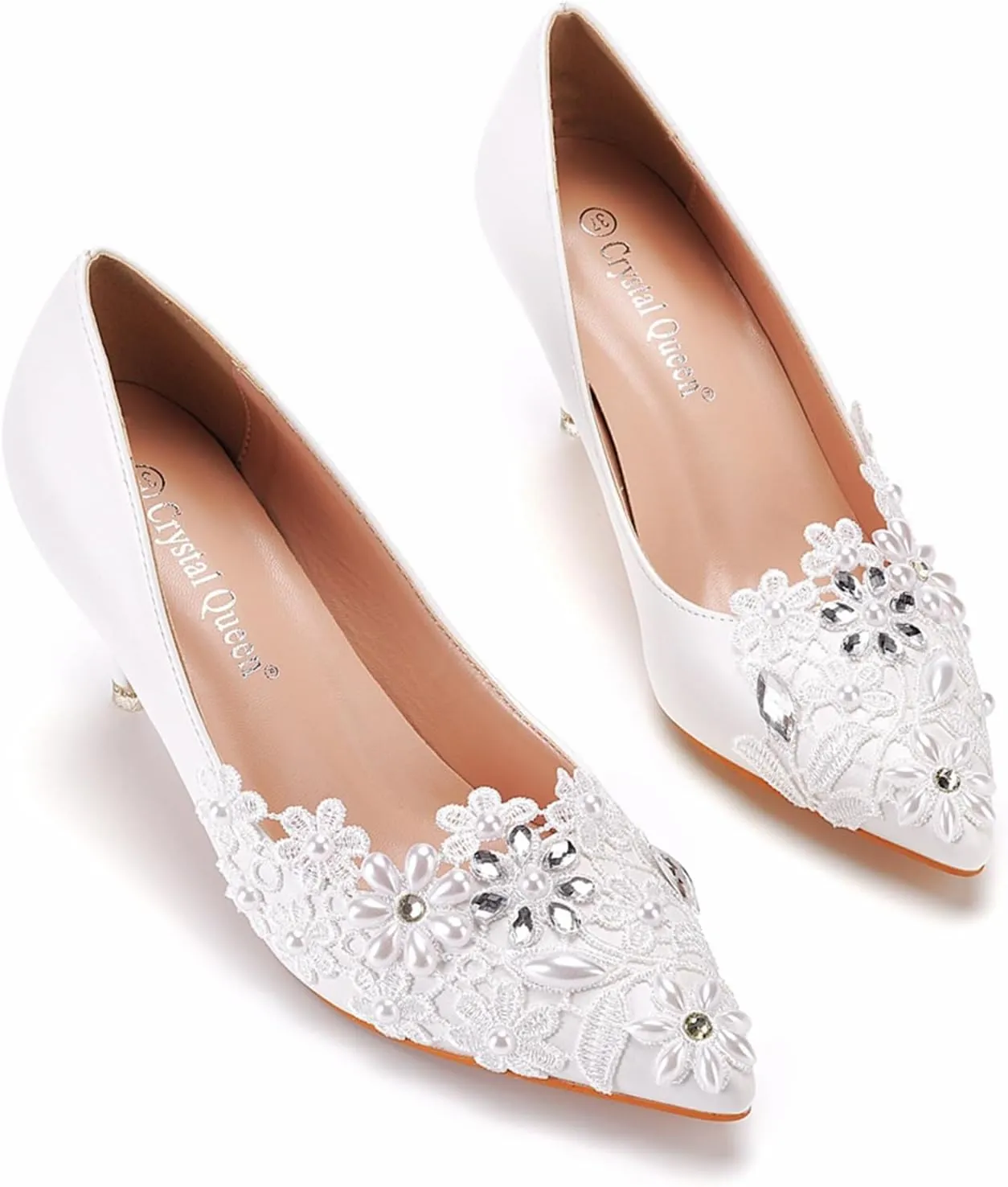 Lace Wedding Shoes Rhinestones Bridal Shoes Women Pointed Toe High Heel Pearl Pumps Satin Wedding Bridal Evening Party Dress Shoes7cm