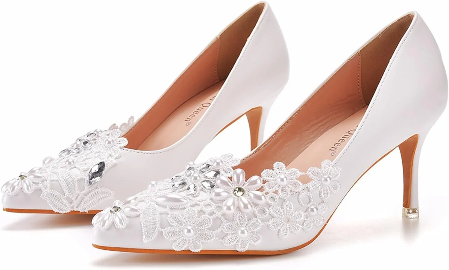 Lace Wedding Shoes Rhinestones Bridal Shoes Women Pointed Toe High Heel Pearl Pumps Satin Wedding Bridal Evening Party Dress Shoes7cm