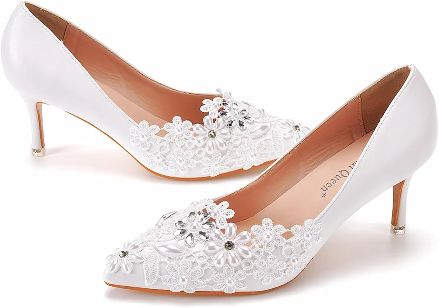 Lace Wedding Shoes Rhinestones Bridal Shoes Women Pointed Toe High Heel Pearl Pumps Satin Wedding Bridal Evening Party Dress Shoes7cm
