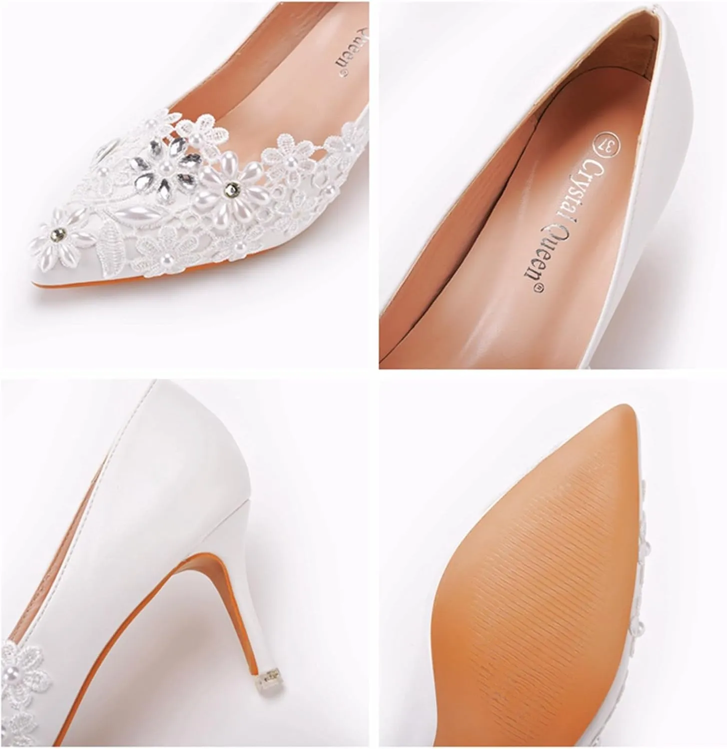 Lace Wedding Shoes Rhinestones Bridal Shoes Women Pointed Toe High Heel Pearl Pumps Satin Wedding Bridal Evening Party Dress Shoes7cm