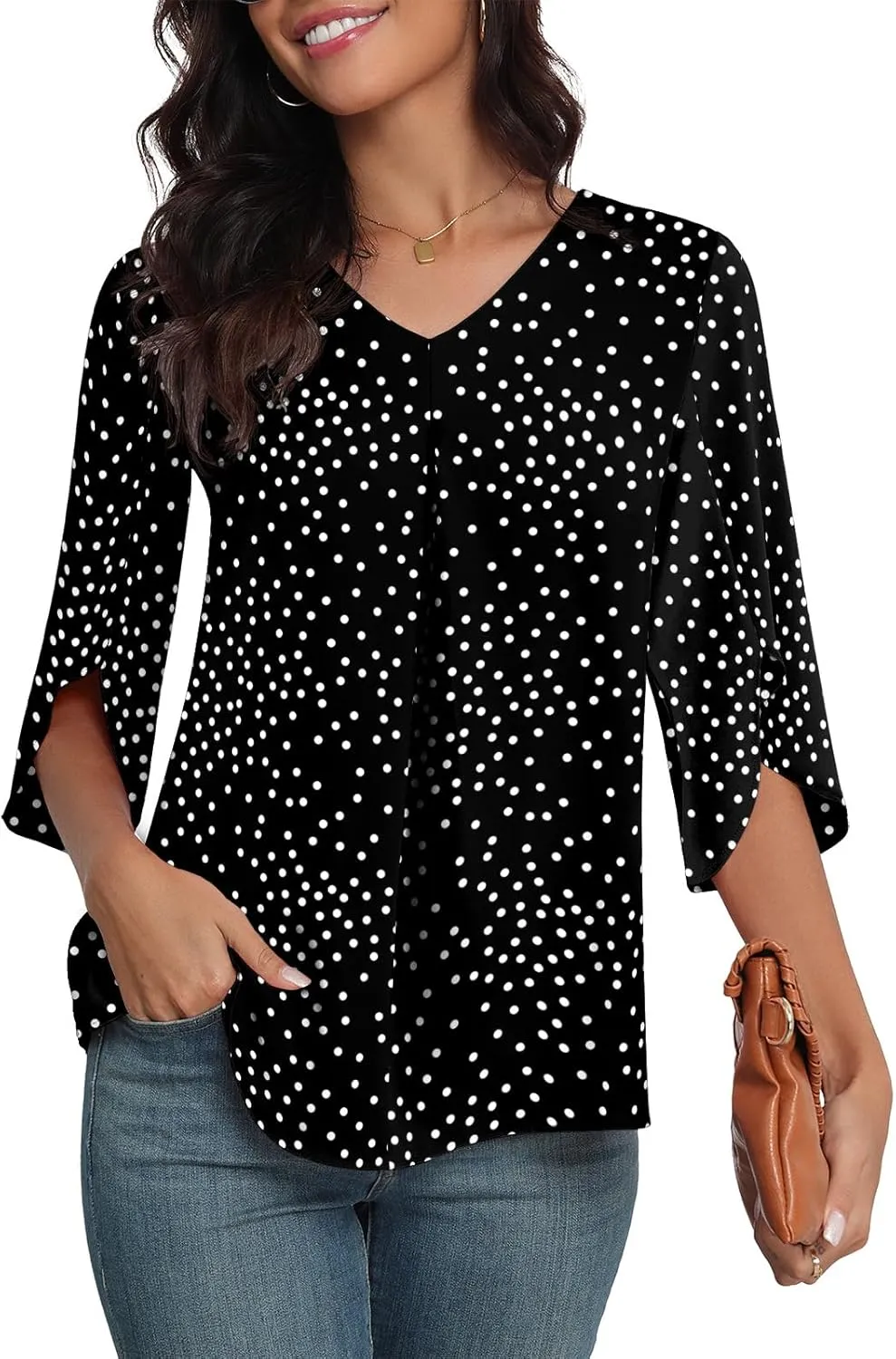 LAOLASI Womens Summer Chiffon Blouses 3/4 Sleeve V Neck Casual Loose Work Tops for Leggings 2025 Flowy Dressy Tshirts